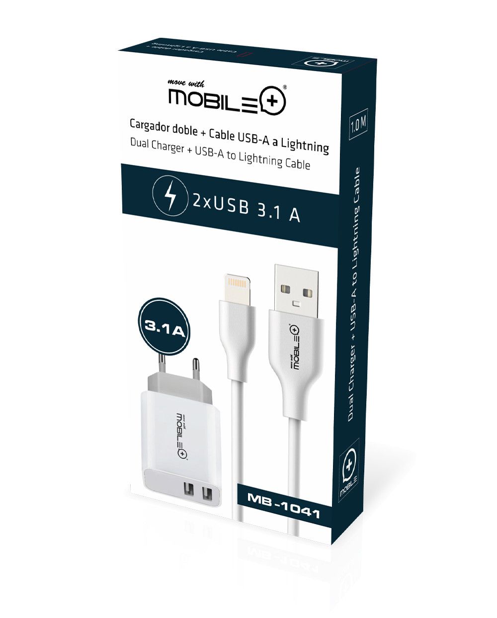 CARGADOR DE PARED CON DOBLE SALIDA USB Y CABLE LIGHTNING PARA IPHONE/IPAD