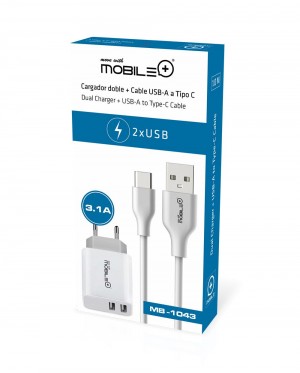 CARGADOR DE PARED DOBLE SALIDA USB Y CABLE TIPO-C A USB