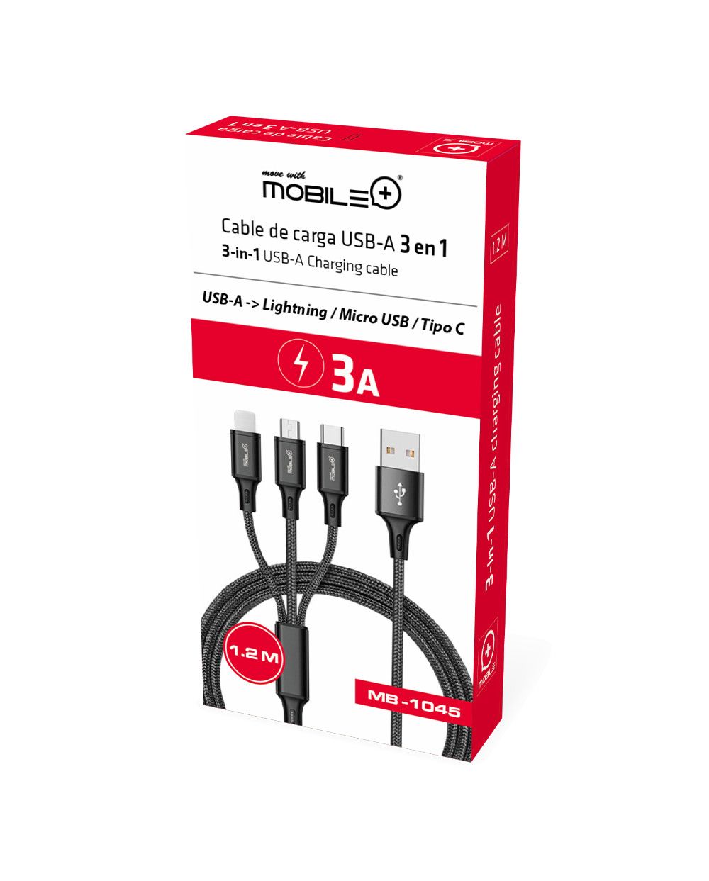 Cable de Carga Nylon . 3 en 1 USB-A a Lightning, Micro USB y Tipo-C.