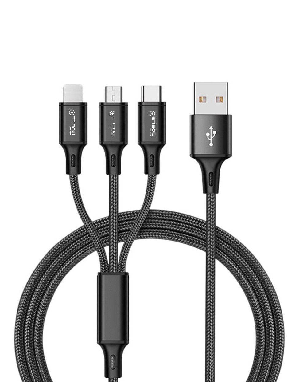 Cable de Carga Nylon . 3 en 1 USB-A a Lightning, Micro USB y Tipo-C.